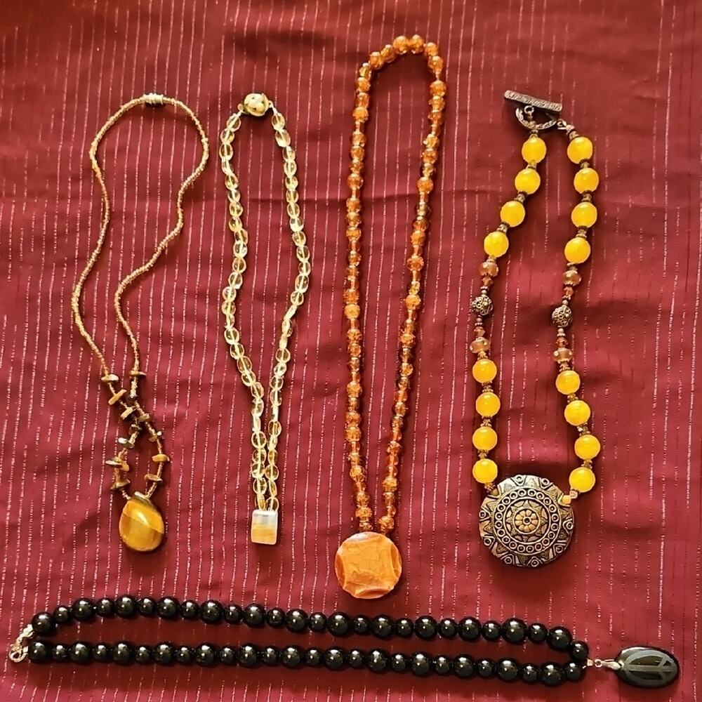 5 Assorted Handmade Gold/Orange Necklaces with Unique Pendants